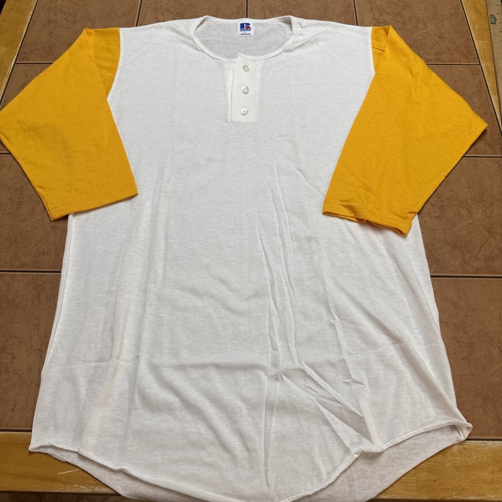 VTG Russell Athletic Shirt Sz L White Yellow 3/4 Sleeve Raglan Baseball USA Made